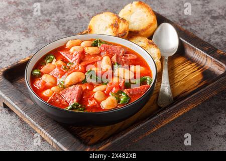 Crockpot stew with chorizo, butter bean and spinach close-up in a bowl served with toasted bread on the table. Horizontal Stock Photo
