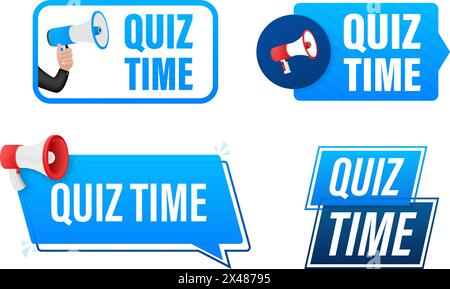 Quiz time text with Megaphone label set. Megaphone in hand promotion banner. Marketing and advertising Stock Vector