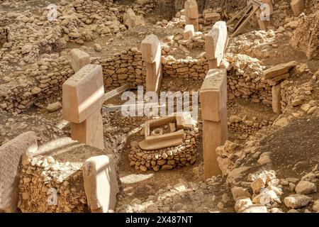 Gobekli Tepe neolithic archaeological site dating from 10 millennium BC, Large circular structures with massive stone pillars, Potbelly Hill, Sanliurf Stock Photo