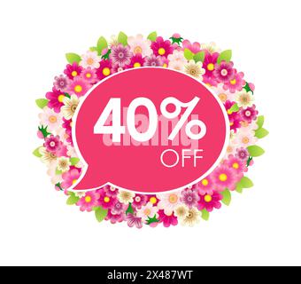 Sale coupon up to 40 percent off discount. Creative price label with floral wreath. Set of pink flowers. 3D graphic style. Web button. Commerce design Stock Vector