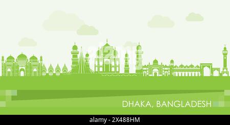 Green Skyline panorama of city of Dhaka, Bangladesh - vector illustration Stock Vector