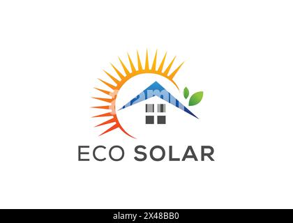 Minimalist eco solar energy vector logo. Modern Green energy solar logo vector logo. Home, Leaf, Sun logo Stock Vector