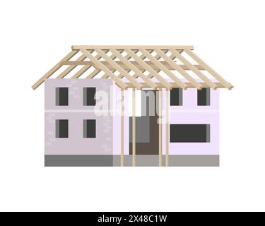 Unfinished wooden roof on brick building, construction process vector illustration Stock Vector