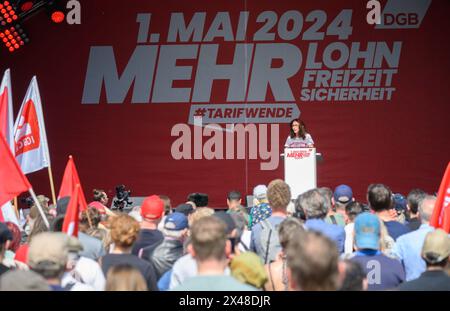 Hanover, Germany. 01st May, 2024. Yasmin Fahimi, DGB Chairwoman, speaks at the main rally of the German Trade Union Confederation (DGB) on May 1. Credit: Julian Stratenschulte/dpa/Alamy Live News Stock Photo