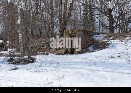 Old abandoned brick cellar under the ground in winter. Stock Photo