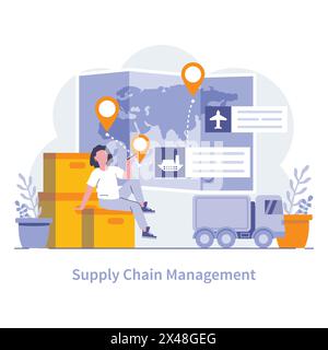 Supply chain concept. Coordinating flow of goods from origin to consumer. Optimizing logistics for seamless end-user delivery. Global supply network efficiency. Vector illustration. Stock Vector