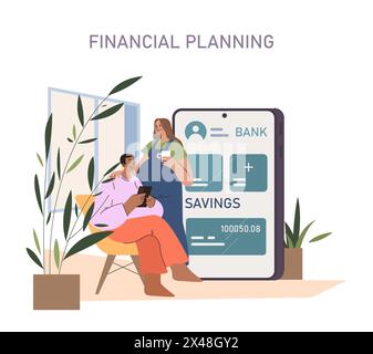 Financial Planning concept. Couple engaged in digital banking and savings management. Secure future through smart finance. Stock Vector
