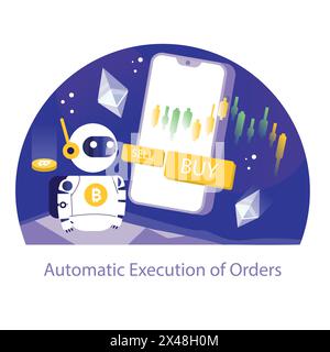 Automatic Execution of Orders concept. A vibrant depiction of a crypto trading bot efficiently managing buy and sell orders, set against a backdrop of real-time market candlestick charts. Stock Vector