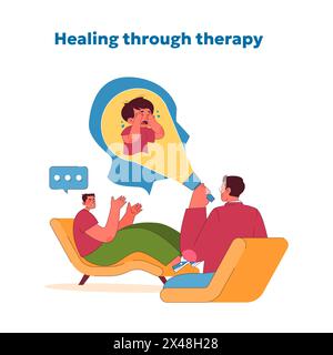 Therapy dialogue concept. Individual engages in psychotherapy, addressing childhood fears, shown in thought bubble. Step towards healing and emotional well-being. Vector illustration Stock Vector