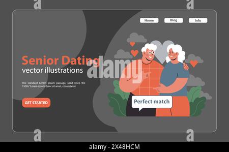 Elderly couple radiates joy, discovering their perfect match amidst heart-shaped clouds, epitomizing senior love and connection. Flat vector illustration Stock Vector