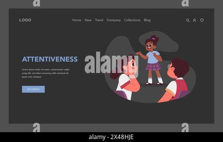 Attentiveness concept. Energetic black girl shares story, captivating peers interest. Showing consideration. Active listening, classroom interaction. Engaging narration. Flat vector illustration Stock Vector