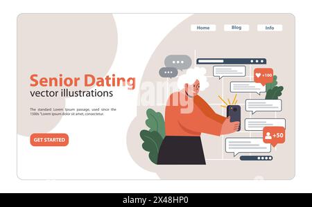 Popular in Love: Senior gentleman catching waves of admiration and likes on a dating app, showcasing the zest for modern romance and the power of connection. Flat vector illustration. Stock Vector