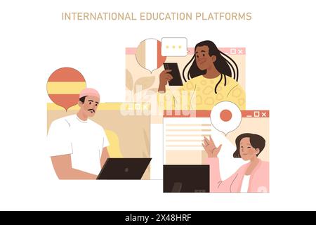 International Education Platforms concept. Diverse characters connect ...