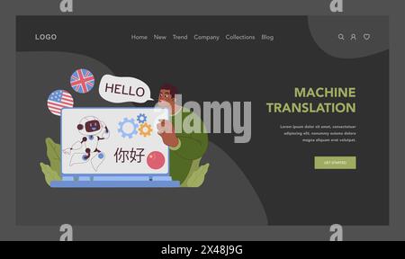 Machine translation concept. Seamless global communication bridged by AI, transcending language barriers. Multilingual integration and cultural connection through technology. Flat vector illustration Stock Vector