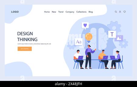 Design Thinking process illustration. Team collaborates on creative solutions, surrounded by symbols of innovation, communication, and design elements. Flat vector illustration Stock Vector