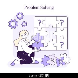 Problem Solving concept. Illustration of a woman piecing together a puzzle, a metaphor for finding the right solution to a problem with strategic thought. Represents analytical skills. Flat vector Stock Vector