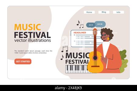 Musician grinning with her guitar, ready to be the headliner at the Music Festival. Notes float around as excitement builds for her performance. Flat vector illustration Stock Vector