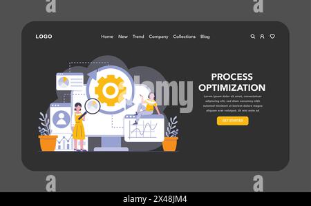 Process optimization night or dark mode web or landing page. Enhancing efficiency in production and business workflows. Strategic improvements to cut costs and elevate performance. Stock Vector