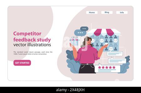 Competitor feedback study concept. Business strategist analyzing customer reviews for competitive insight and service enhancement. Market sentiment analysis. Flat vector illustration. Stock Vector