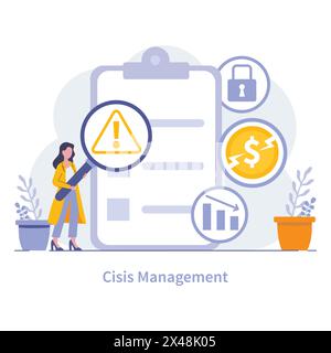 Crisis Management concept. A vigilant professional scrutinizes financial risks, ensuring preparedness for unforeseen business challenges. Proactive threat mitigation. Vector illustration. Stock Vector