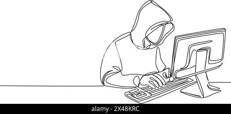 continuous single line drawing of computer hacker stereotype, line art vector illustration Stock Vector