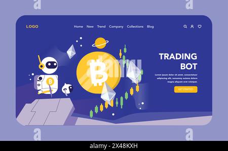 Trading and Crypto Bot night or dark mode web or landing page. Bot navigates the cryptocurrency landscape, depicted against a backdrop of Bitcoin and market charts, symbolizing automated trading. Stock Vector