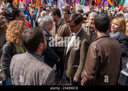 Barcelona, Spain. 01st May, 2024. 'Politicians are seen at the May Day demonstration with their eyes set on the May 12 elections.' 'Los políticos se dejan ver en la manifestación del primero de mayo con la vista puesta en las elecciones del 12 de mayo.' in the pic:salvador illa, pere aragones News politics -Barcelona, Spain wednesday, may 1, 2024 (Photo by Eric Renom/LaPresse) Credit: LaPresse/Alamy Live News Stock Photo