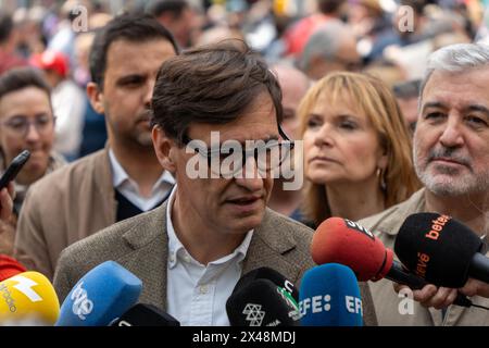 Barcelona, Spain. 01st May, 2024. 'Politicians are seen at the May Day demonstration with their eyes set on the May 12 elections.' 'Los políticos se dejan ver en la manifestación del primero de mayo con la vista puesta en las elecciones del 12 de mayo.' in the pic:salvador illa, News politics -Barcelona, Spain wednesday, may 1, 2024 (Photo by Eric Renom/LaPresse) Credit: LaPresse/Alamy Live News Stock Photo