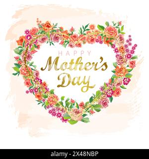 Happy Mother's Day floral greetings. Creative branch of roses, heart wreath decoration with 3D flowers and leaves. Glittering golden elements Stock Vector
