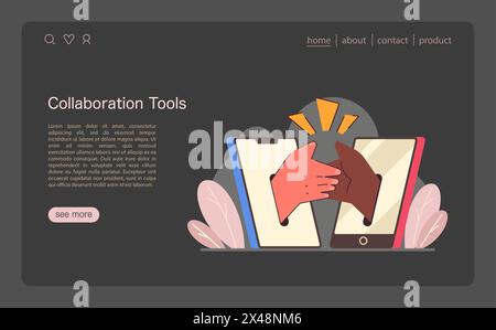 Unified technology concept. Two hands engaging from digital devices symbolize remote collaboration. Partnership through innovative tech tools. Flat vector illustration Stock Vector
