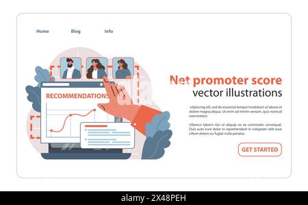 Net promoter score concept. Analyzing customer reviews on a laptop, measuring business performance and client satisfaction with visualized growth curve. Feedback importance. Flat vector illustration. Stock Vector