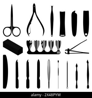 Manicure, pedicure and face cleaning tools black silhouettes, vector illustration isolated on white background. Essential nail and face care accessori Stock Vector
