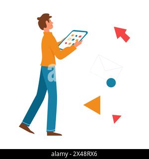User using tablet, geometric shapes and email, arrows on screen vector illustration Stock Vector