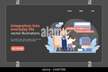 Everyday Brand Integration. Illustration highlighting the seamless incorporation of technology and brand interactions into daily life routines. Flat vector illustration. Stock Vector