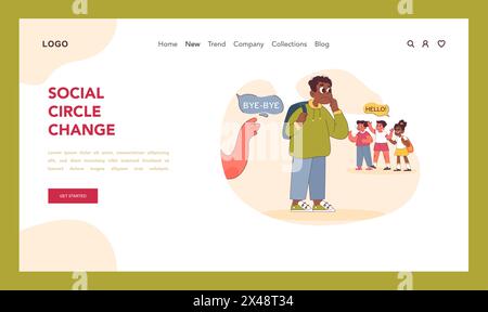 Social Circle Change concept. A hesitant boy says goodbye to one friend and contemplates joining a new group of peers, capturing the dynamic shifts in children's social lives. Flat vector illustration Stock Vector