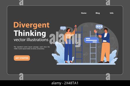 Divergent thinking concept. Duo collaborates on task, arranging digital elements, navigating decisions. Teamwork, solution, digital workspace. Flat vector illustration Stock Vector