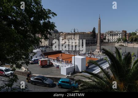 Rome, Italy. 30th Apr, 2024. View of the new tennis court installed in Piazza del Popolo in Rome (Photo by Michael Nigro/Pacific Press) Credit: Pacific Press Media Production Corp./Alamy Live News Stock Photo