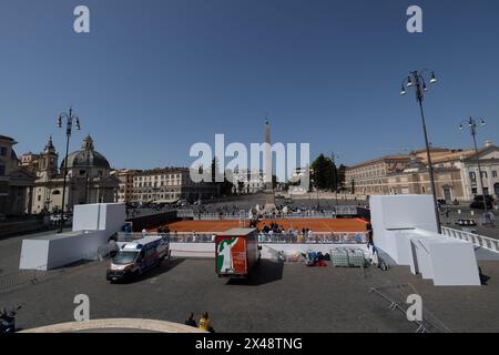 Rome, Italy. 30th Apr, 2024. View of the new tennis court installed in Piazza del Popolo in Rome (Photo by Michael Nigro/Pacific Press) Credit: Pacific Press Media Production Corp./Alamy Live News Stock Photo