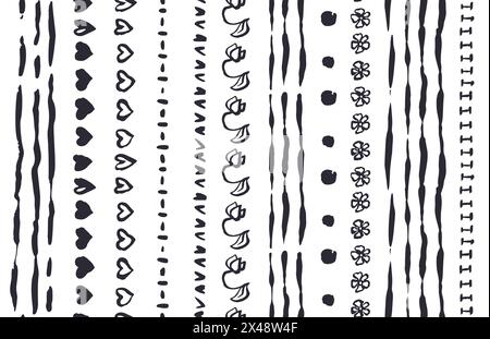 Monochrome black and white seamless brushes patterns set with sketchy doodle shapes Stock Vector