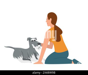 Woman and happy dog sitting on floor, young woman playing and hugging pet friend vector illustration Stock Vector