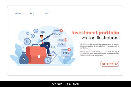 Investment portfolio concept. Energetic investor balances atop a briefcase, interacting with diverse financial assets like stocks, bonds, and ETFs. Wealth management strategy. Flat vector illustration Stock Vector