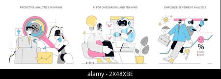 AI in HR set. Streamlining talent acquisition, employee onboarding and morale monitoring with AI. Innovative HR technology solutions. Vector illustration. Stock Vector
