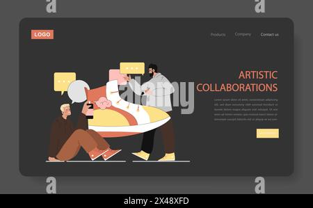 Cultural Exchange concept. Two people engage in sharing ideas symbolized by speech bubbles with art elements. Creative partnership and diverse perspectives. Vector illustration. Stock Vector