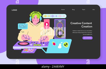 Digital Natives concept. A youthful DJ mixes music on turntables for online content creation. Music production, creativity, and technology fusion. Vector illustration. Stock Vector