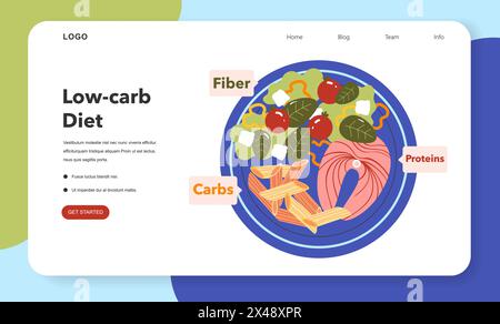 Healthy eating concept with balanced low-carb diet plate showcasing proteins, fibers, and few carbs. Ideal for nutrition websites. Vector illustration. Stock Vector