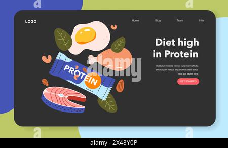 Dietary Trends concept. High-protein diet webpage layout showing eggs, meat, nuts, and supplement bar. Nutrition and healthy eating web design. Vector illustration. Stock Vector