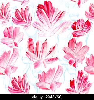 Seamless pattern of abstract pink flowers, original hand drawn, impressionism style, color texture, brush strokes of paint, art background.  Modern ar Stock Photo