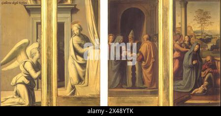 BARTOLOMEO, Fra (b. 1472, Firenze, d. 1517, Pian' di Mugnone)    The Annunciation (front), Circumcision and Nativity (back)  c. 1500  Tempera on wood, 19,5 x 9 cm  Galleria degli Uffizi, Florence    Stylistic elements make datable the diptych at the end of fifteenth century, probably among the works carried out by Baccio before he became a Dominican friar in July 1500. The pictures were conceived as doors of a little tabernacle commissioned by Piero del Pugliese: it had to enclose a lost marble Madonna by Donatello. The panels are in fact painted on both sides, representing on the front The An Stock Photo