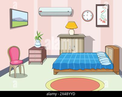 Bedroom illustration showing bed, air conditioner, chair, table lamp, clock, painting, rug and flower pot Stock Vector