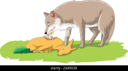 A wolf eating flesh of a dead deer Stock Vector